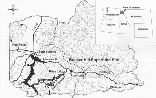 Расположение Серебряной долины и района Бункер Хил на севере шт. Айдахо